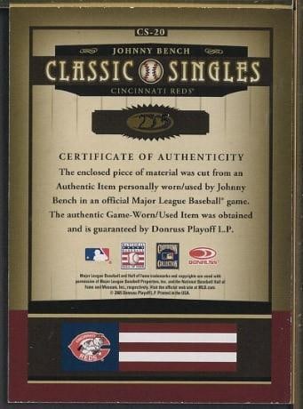 2005 Donruss Classic Singles CS-20 Johnny Bench Autographed Card w/Game Used Bat Piece - 2