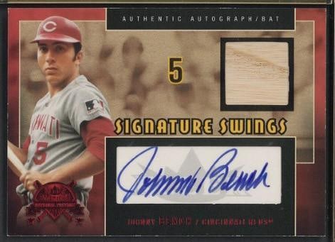 2005 Fleer Signature Swings SSAB-JB Johnny Bench Autographed Card w/Game Used Uniform Piece: 2005 Fleer Signature Swings SSAB-JB Johnny Bench Autographed Card w/Game Used Uniform Piece -