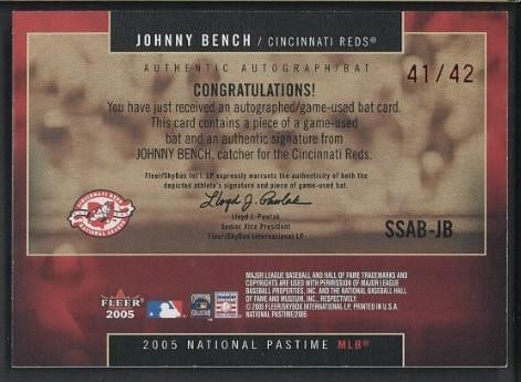 2005 Fleer Signature Swings SSAB-JB Johnny Bench Autographed Card w/Game Used Uniform Piece - 2