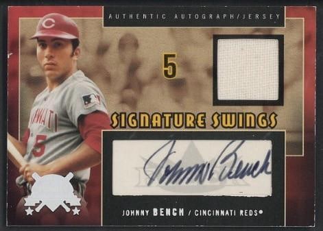 2005 Fleer Signature Swings SSAB-JB Johnny Bench Autographed Card w/Game Used Uniform Piece (1 of 2)