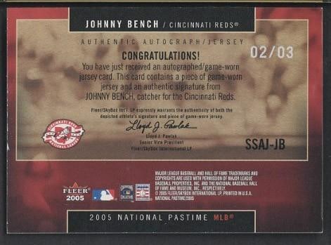 2005 Fleer Signature Swings SSAB-JB Johnny Bench Autographed Card w/Game Used Uniform Piece - 2