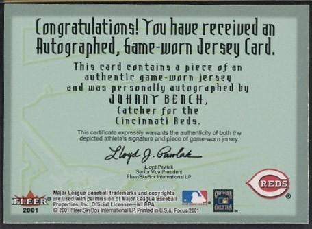 2001 Fleer ROY Collection Johnny Bench Autographed Card w/Game Used Uniform Piece - 2