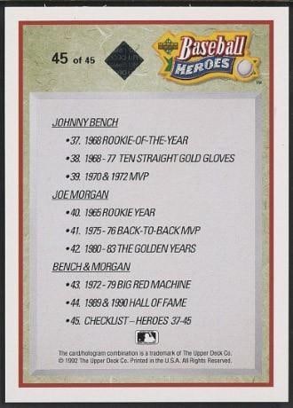 1992 Upper Deck Joe Morgan & Johnny Bench Autographed Card - 2