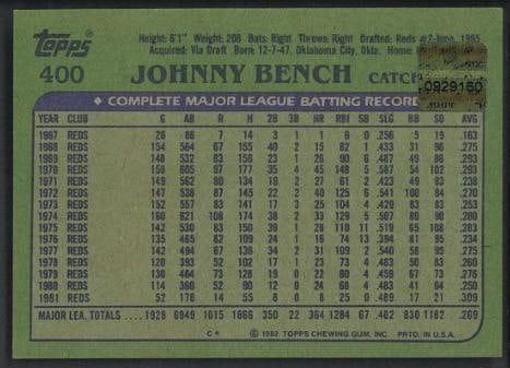 1982 Topps #400 Johnny Bench Autographed Card - 2