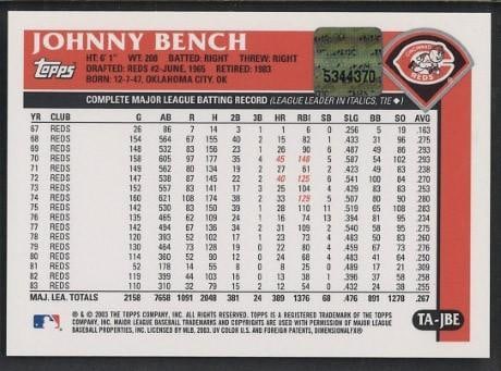 2003 Topps #TA-JBE Johnny Bench Autographed Card - 2