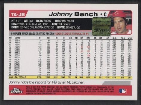 2004 Topps Chrome #TA-JB Johnny Bench Autographed Card - 2