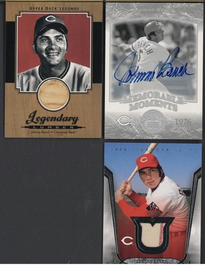 (3) Upper Deck Johnny Bench Cards: (3) Upper Deck Johnny Bench Cards -2004 Memorable Moments #132 Autographed; 2001#L-JB Legendary Lumber & 2004 Legendary Cuts Ultimate Swatches #US-JB