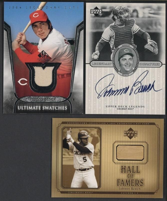 (3) Upper Deck Johnny Bench Cards: (3) Upper Deck Johnny Bench Cards -2000 Legendary Signatures #S-JB Autographed; 2001 Hall of Famers # B-JBe w/bat piece & 2004 Legendary Cuts Ultimate Swatches #US-JB