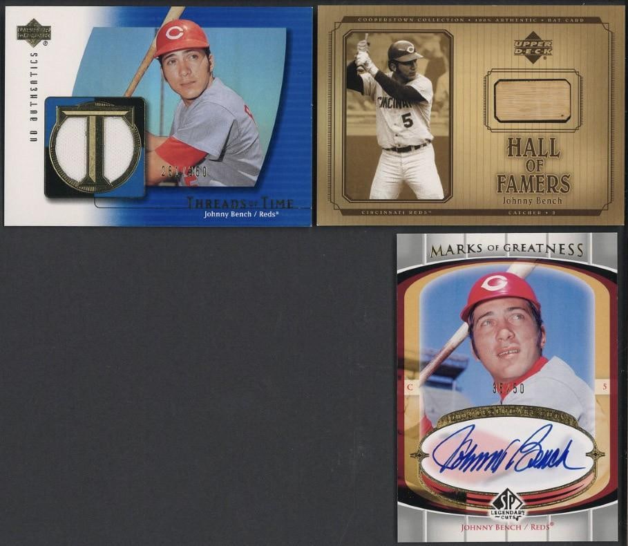 (3) Upper Deck Johnny Bench Cards: (3) Upper Deck Johnny Bench Cards -2004 Marks of Greatness #MG-JB Autographed; 2001 Hall of Famers # B-JBe w/bat piece & 2003 Threads of Time #TT-JB
