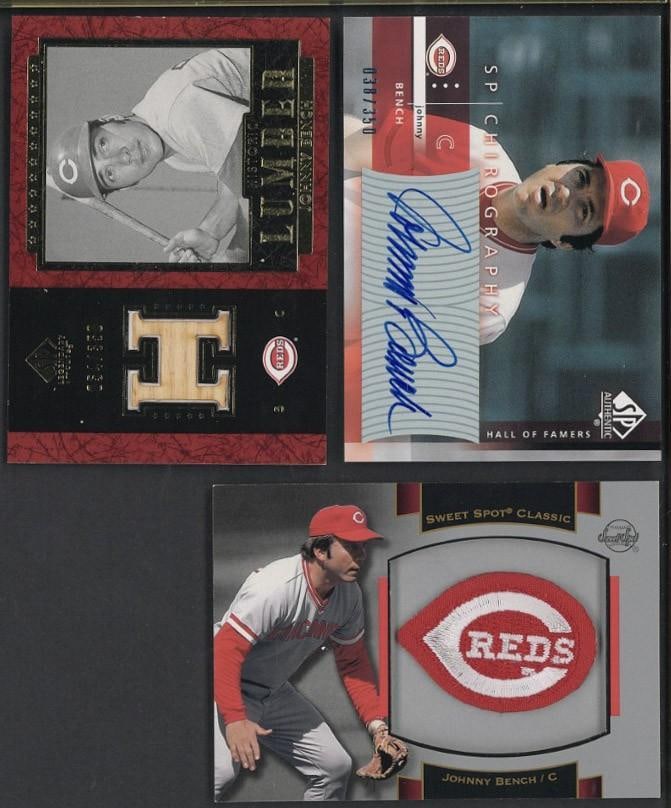 (2) Upper Deck Johnny Bench Cards: (2) Upper Deck Johnny Bench Cards -2003 SP Chirography #JB1 Autographed, 2003 Sweet Spot Classic #P-JB1 w/logo patch & 2003 Historic Lumber #B-JB