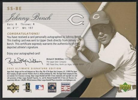 2005 Upper Deck Signature Supremacy #SS-BE Johnny Bench Autographed Card - 2