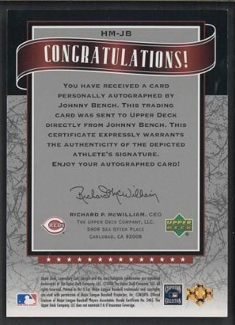 2003 Upper Deck Hall Marks #HM-JB Johnny Bench Autographed Card - 2