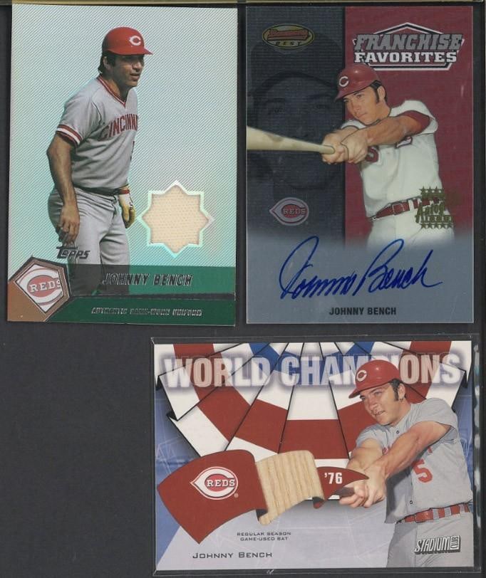 (3) Topps Johnny Bench Cards: (3) Topps Johnny Bench Cards -2000 Franchise Favorites #FR1B Autographed; 2001 World Champions #WC-JB w/bat piece & 2004 #JBE w/Uniform piece