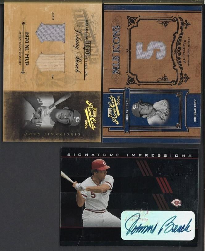 (3) Playoff Johnny Bench Cards: (3) Playoff Johnny Bench Cards -2003 Signature Impressions #SI-30 Autographed; 2004 MLB Icons #MLB-32 w/Uniform piece & 2004 #TL-47 w/Uniform & bat pieces