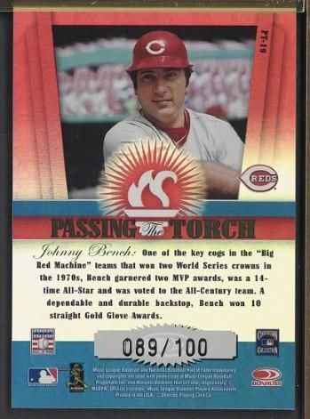 2002 Donruss Passing the Torch #PT-19 Johnny Bench Autographed Card - 2