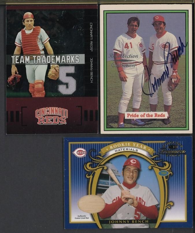 (3) Donruss Johnny Bench Cards: (3) Donruss Johnny Bench Cards -1982 #628 Autographed; 2004 Team Trademarks #TT-22 w/Uniform piece & 2003 Rookie Year #RY-13 w/bat piece