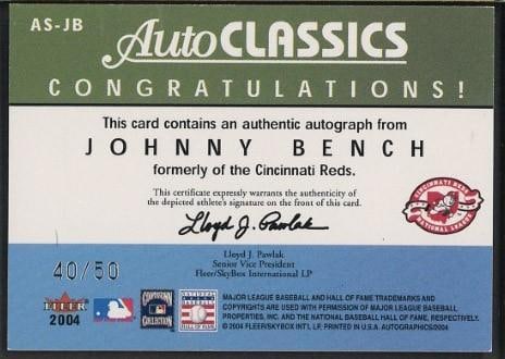2004 Fleer Auto Classics #AS-JB Johnny Bench Autographed Card - 2