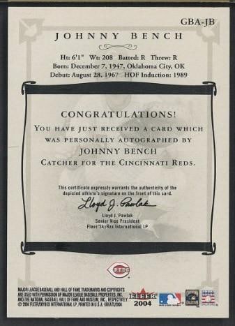 2004 Fleer Greats #GBA-JB Johnny Bench Autographed Card - 2