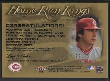 2002 Fleer Home Run Kings Johnny Bench Autographed Card - 2