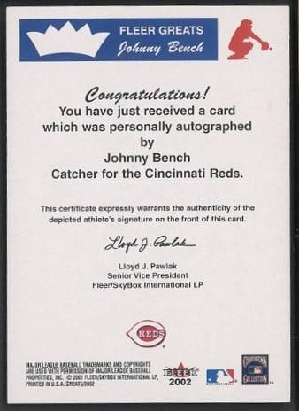 2002 Fleer Greats Johnny Bench Autographed Card - 2