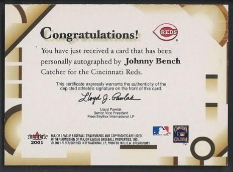 2001 Fleer Greats of the Game Johnny Bench Autographed Card - 2