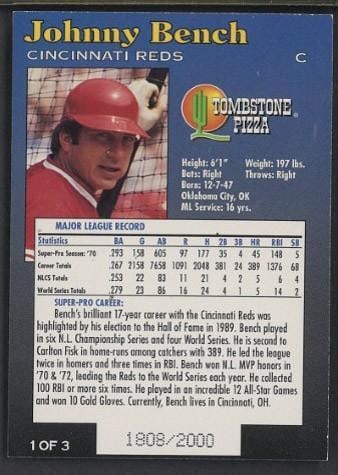 1995 Tombstone Pizza Johnny Bench Autographed Card - 2