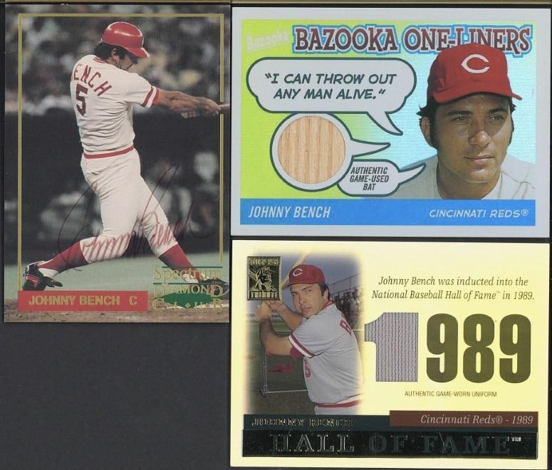 (3) Johnny Bench Cards: (3) Johnny Bench Cards -1993 Spectrum Diamond Club Autographed; 2004 Topps Tribute #TR-JB2 w/Uniform piece & 2004 Topps Bazooka One-Liners #BOL-JB w/bat piece