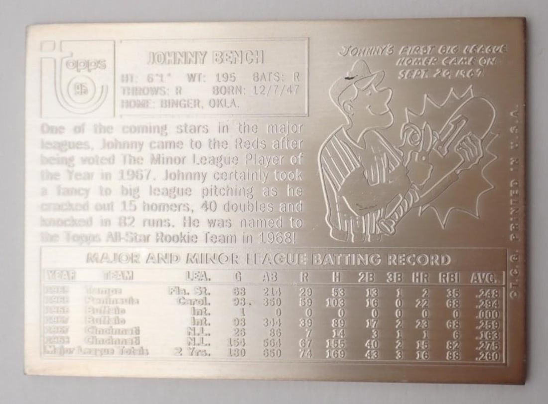 1969 Highland Mint Topps Johnny Bench .999 Silver 4.25 Oz. Mint Card - 3