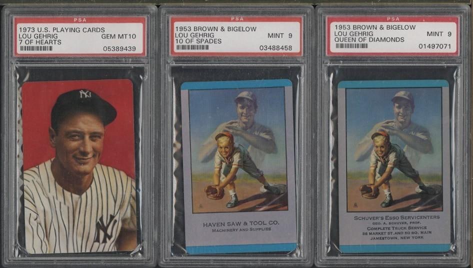 (6) Lou Gehrig Playing Cards: (6) Lou Gehrig Playing Cards -(2) 1953 Brown & Bigelow , PSA Mint 9; (3) 1973 U.S. Playing Cards, Gem MT 10 & (1) 1991 Baseball Legends, PSA Gem MT 10