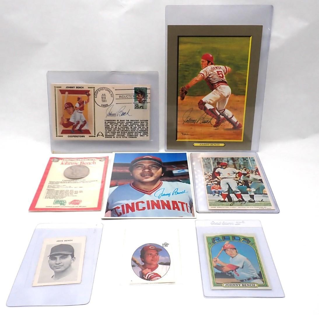 Johnny Bench Collectibles: Johnny Bench Collectibles -incl.: Topps #433; Cooperstown Commemorative Coin; Signed Cooperstown NY Cover w/COA; Topps & Pro Star Photo Cards; Perez-Steele Great Moments Lithograph; (2) Topps