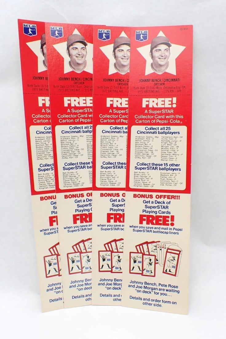 (4) 1978 Pepsi-Cola Johnny Bench Superstar Tabs: (4) 1978 Pepsi-Cola Johnny Bench Superstar Tabs -