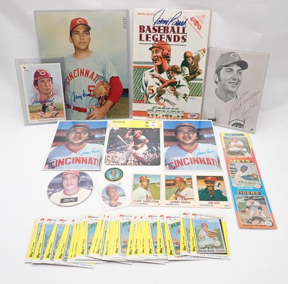Johnny Bench Collectibles: Johnny Bench Collectibles -incl.: (35) 1982 K-Mart Cards; 1983 Topps Stickers; Pin Back; 1971 Topps Coin; Uncut Topps & Hostess Card Panels;Topps and Other Large Format Photo Cards; Revolutionary