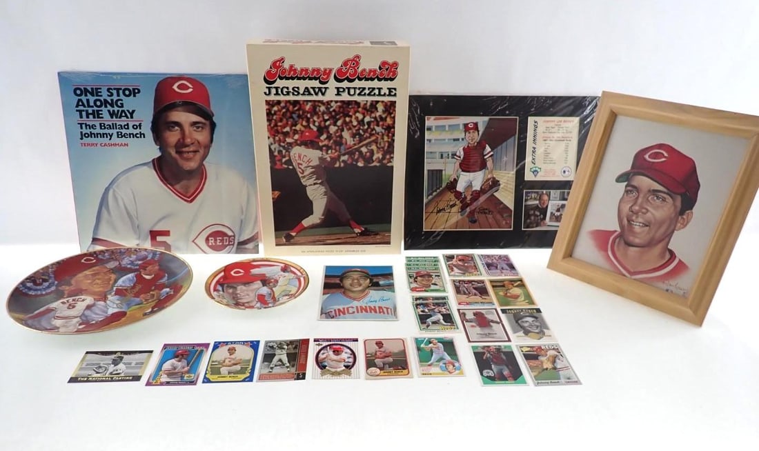 Johnny Bench Collectibles: Johnny Bench Collectibles -incl.: "One Stop Along The Way" The Ballad of Johnny Bench Record; Autographed Toon Art Lithograph; 1980 Topps Large Format Card; Jigsaw Puzzle; Framed Lithograph by Ron