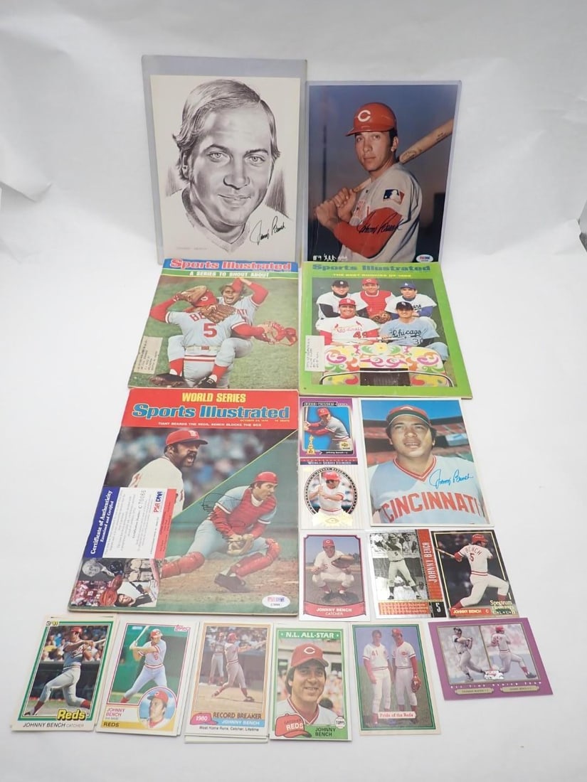 Johnny Bench Collectibles: Johnny Bench Collectibles -incl.: Autographed World Series Sports Illustrated, with COA; Sports Illustrated "Best if the Rookies of 1968" & "A Series to Shout About"; Autographed 8"x10" Color Phot