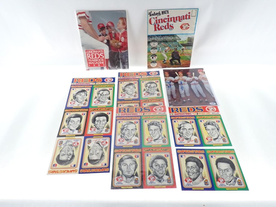 Cincinnati Reds Collectibles: Cincinnati Reds Collectibles -incl.: Tony Perez, Johnny Bench & Joe Morgan Autographed Photo, with COA; 1971 Team Photo Album; 1983 Yearbook Magazine; (4) Pee-Wee Superstars Sheets (some
