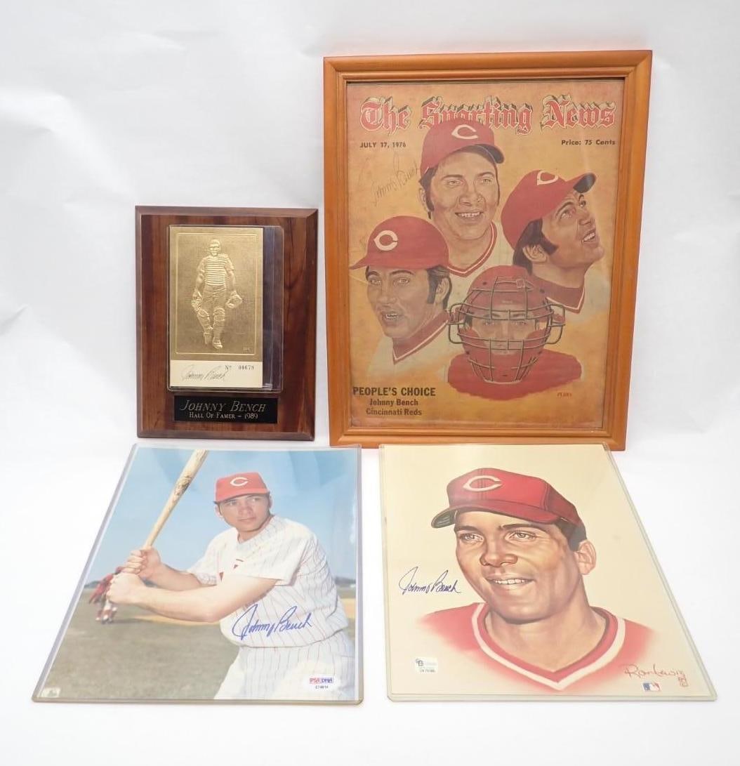 (4) Johnny Bench Autographed Articles: (4) Johnny Bench Autographed Articles -incl.: Baseball's Golden Greats Gold Foil Card; Ron Lewis Lithograph; 8" x 1) Color Photo; Framed July 17, 1976 Sporting News Magazine Cover; all with COA