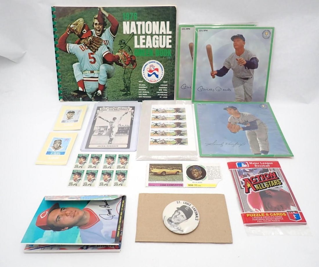 Baseball Collectibles Lot: Baseball Collectibles Lot -incl.: 1976 National League Green Book; Negro Leagues & Lou Gehrig Postage Stamps; Mickey Mantle & Snadi Koufax Sports Records, holes not punched; American Oil