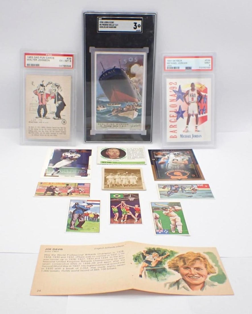 Assorted Collectible Cards: Assorted Collectible Cards -incl.: (5) Dickson Orde & Co. "Sports in Other Countries"; Upper Deck 2004 Drew Brees & 2000 Randy Moss 1963 Gad Fun Cards #39 Walter Johnson, PSA EX-MT 6; 1991