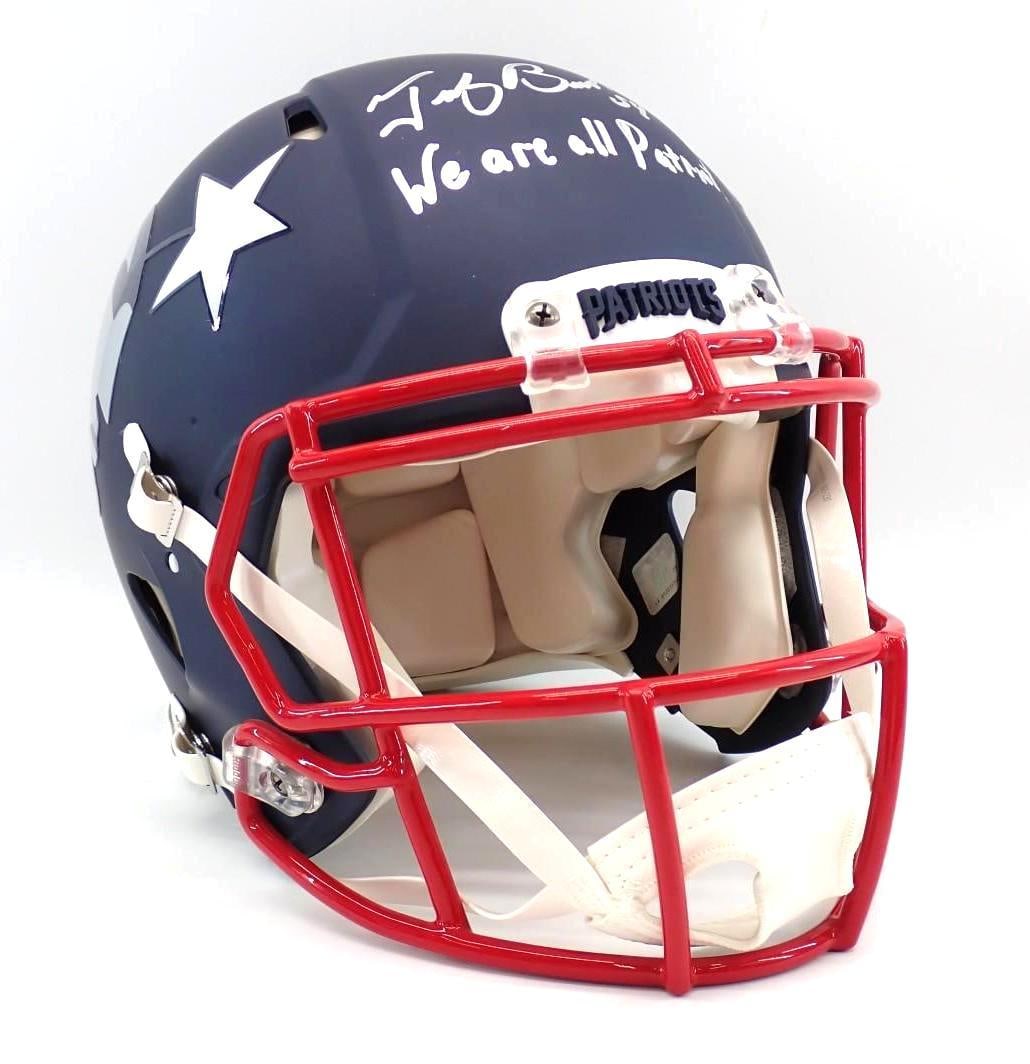 Tedy Bruschi Autographed New England Patriots Helmet: Tedy Bruschi Autographed New England Patriots Helmet -inscription reads "We Are All Patriots", New England Picture hologram