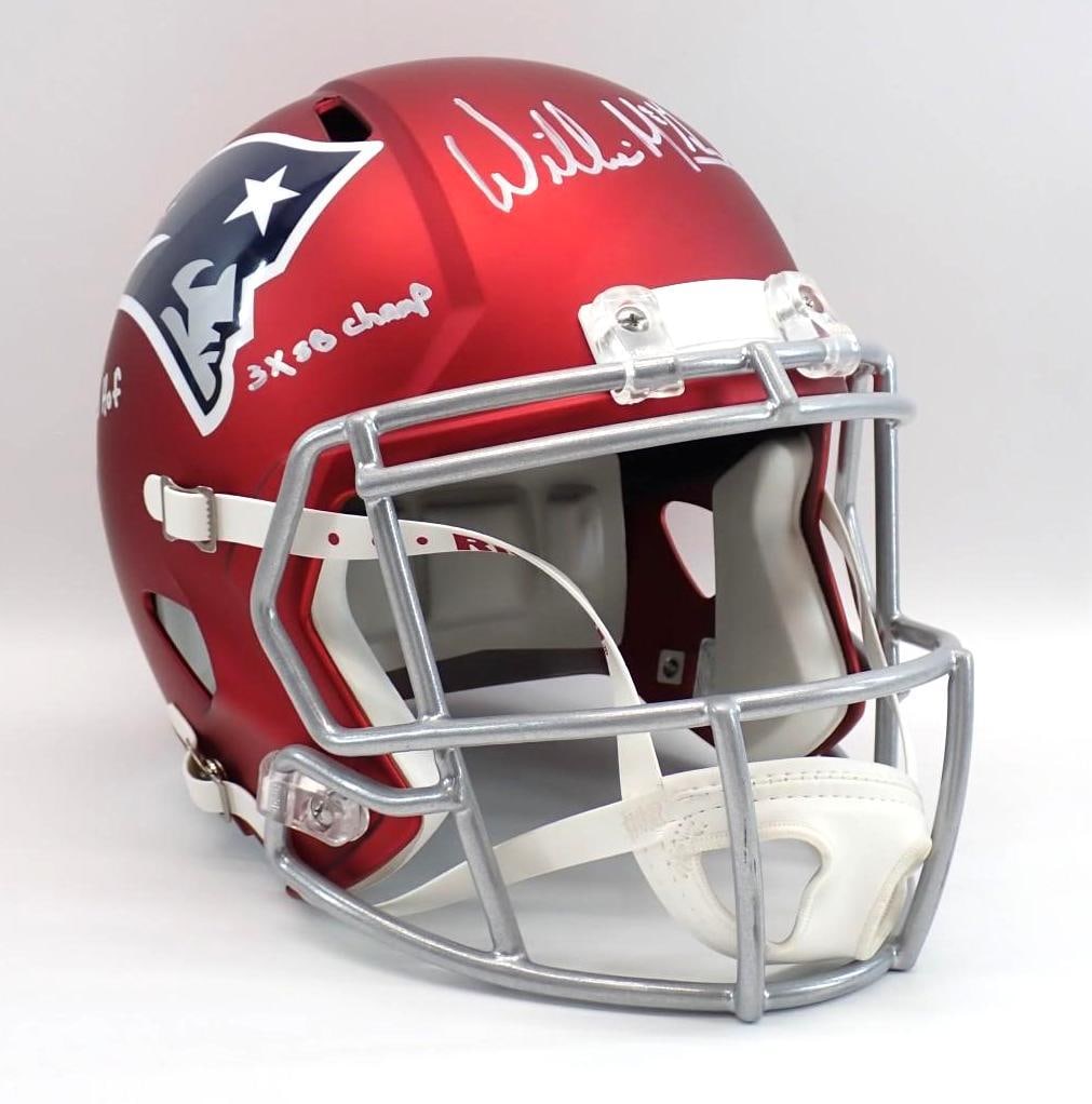 Willie Mcginest Autographed New England Patriots Full Size Replica Helmet: Willie Mcginest Autographed New England Patriots Full Size Replica Helmet -inscription reads "Pats Hof" & "3X SB Champ", JSA certified