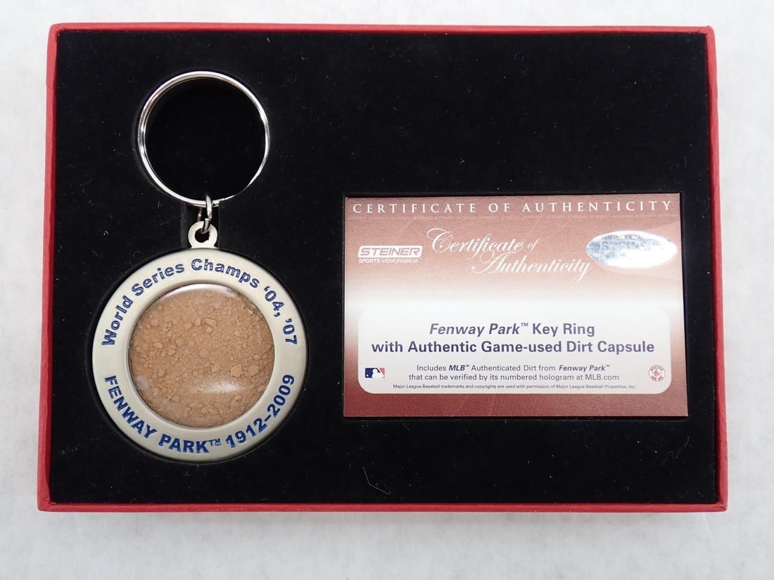 Fenway Park Key Ring with Authentic Game Used Dirt Capsule: Fenway Park Key Ring with Authentic Game Used Dirt Capsule -MLB hologram 808901 LH affixed, with Steiner COA, boxed