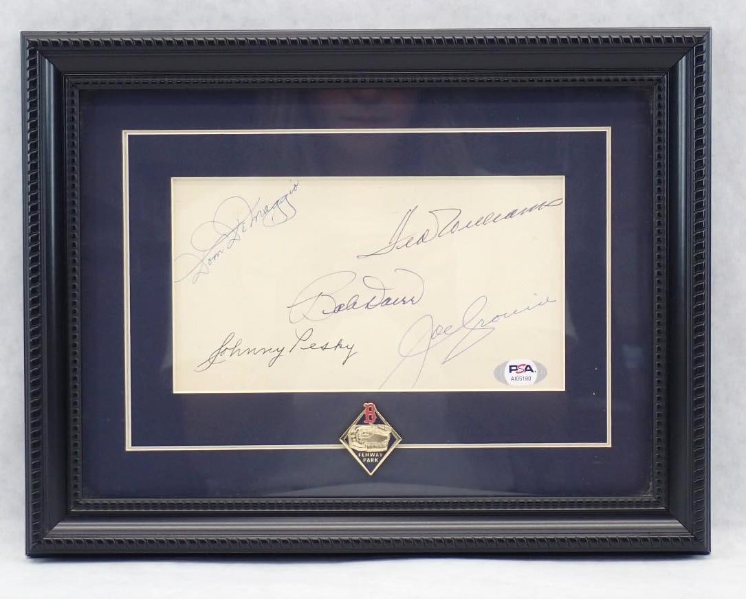 Red Sox Legends Multi-Autographed Cut: Red Sox Legends Multi-Autographed Cut -autographs include Dom DiMaggio, Johnny Pesky, Bobby Doerr, Ted Williams & Joe Cronin; with PSA/DNA LOA
