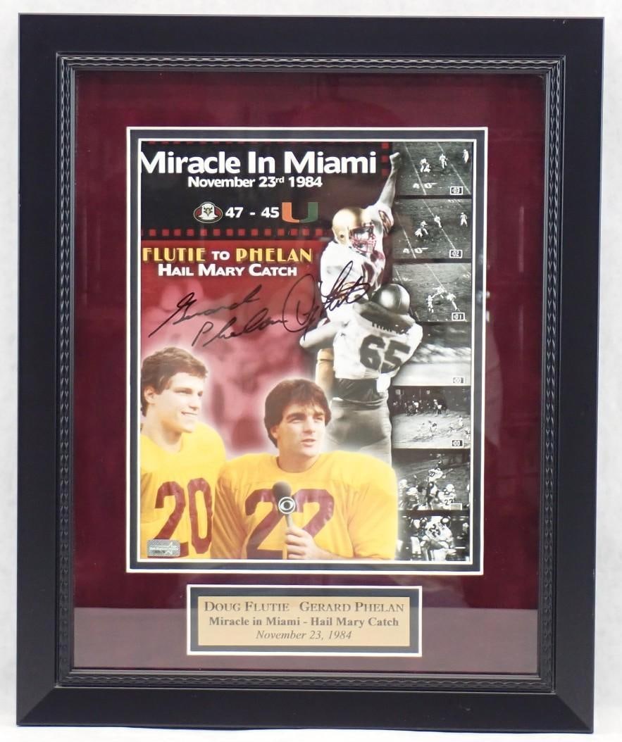Doug Flutie/Gerard Phelan Autographed Color Photograph "Miracle in Miami": Doug Flutie/Gerard Phelan Autographed Color Photograph "Miracle in Miami" -with New England Picture COA, 16" x 13" framed