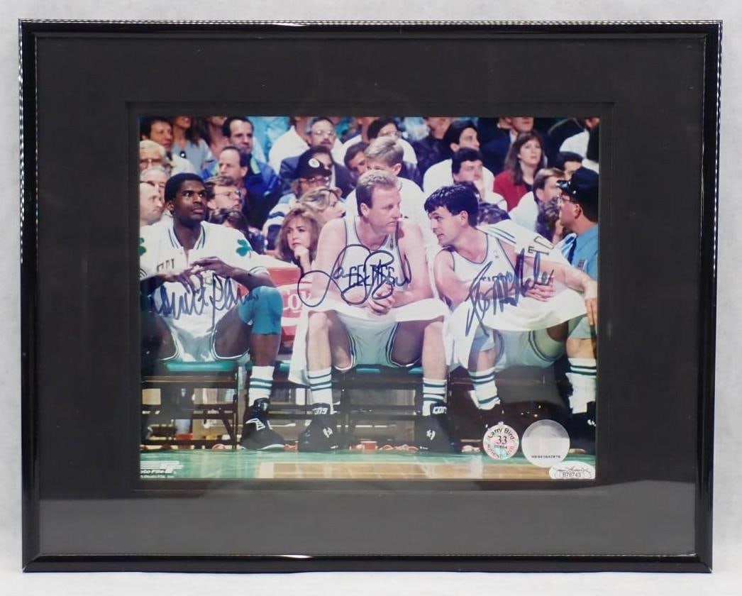 Robert Parrish/Larry Bird/Kevin Mchale Autographed Color Photograph: Robert Parrish/Larry Bird/Kevin Mchale Autographed Color Photograph -JSA certification sticker, Larry Bird hologram 00804 & NBA hologram NB041642818 affixed, 11.375" x 14.375" framed