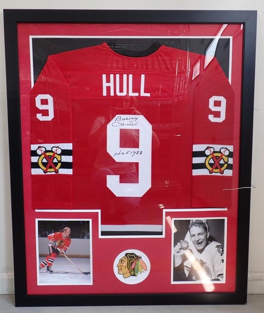 Bobby Hull Autographed Chicago Blackhawks Jersey: Bobby Hull Autographed Chicago Blackhawks Jersey -JSA certification sticker affixed, 43.5" x 35.5" framed