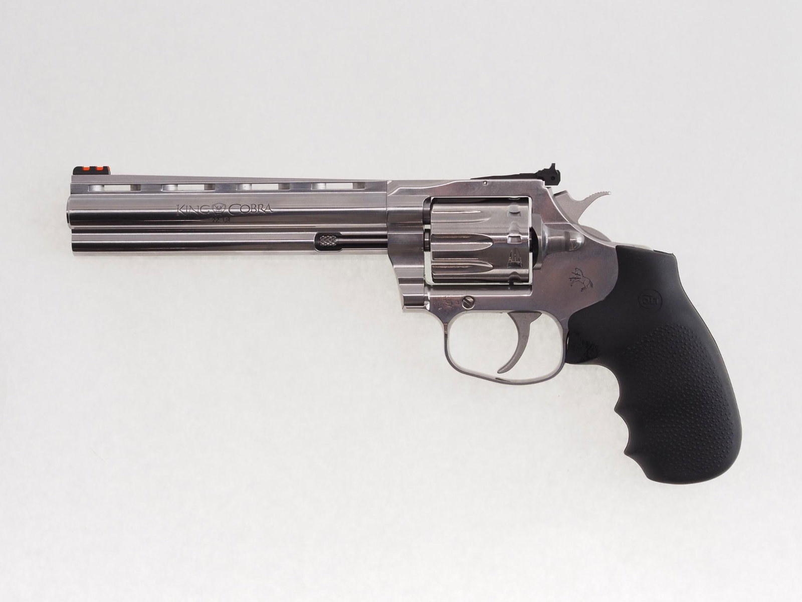 Colt King Cobra Revolver: SN: RA375584 Cal: .22 LR Action Type: Double Action Barrel Length: 6" Sights/Optics: adjustable rear sight, fiber optic front sight Stock: Colt rubber grips Finish: stainless steel