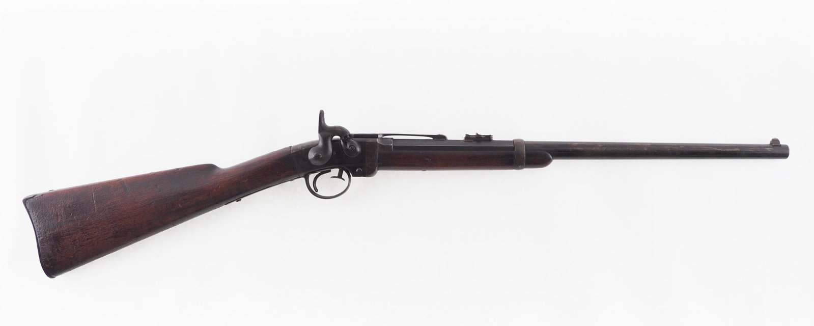 Mass. Arms Co. Smith Saddle Ring Carbine: SN: 11525 Cal: .50 Percussion Action Type: Breech Loading Markings: "Manufactured By / Mass. Arms Co. / Chicopee Falls." & "Address / Poultney & Trimble / Baltimore. U.S.A." Barrel Length: