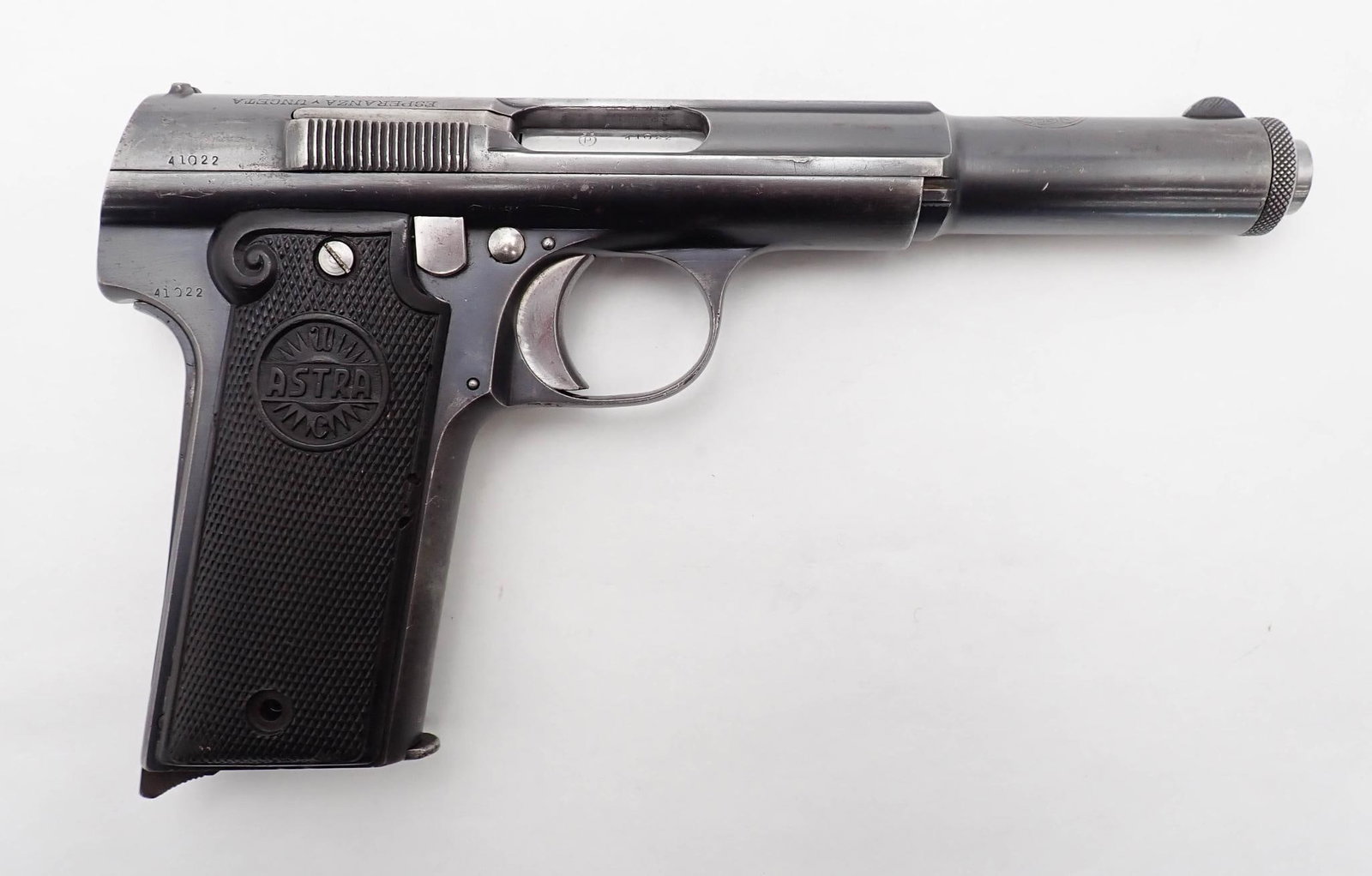 Astra 1921 Pistol: SN: 41022 Cal: 9mm Largo Action Type: Semi-Automatic Barrel Length: 6" Stock: Astra hard rubber Finish: thinning blue Bore: moderate even pitting Overall Cond: good / very g