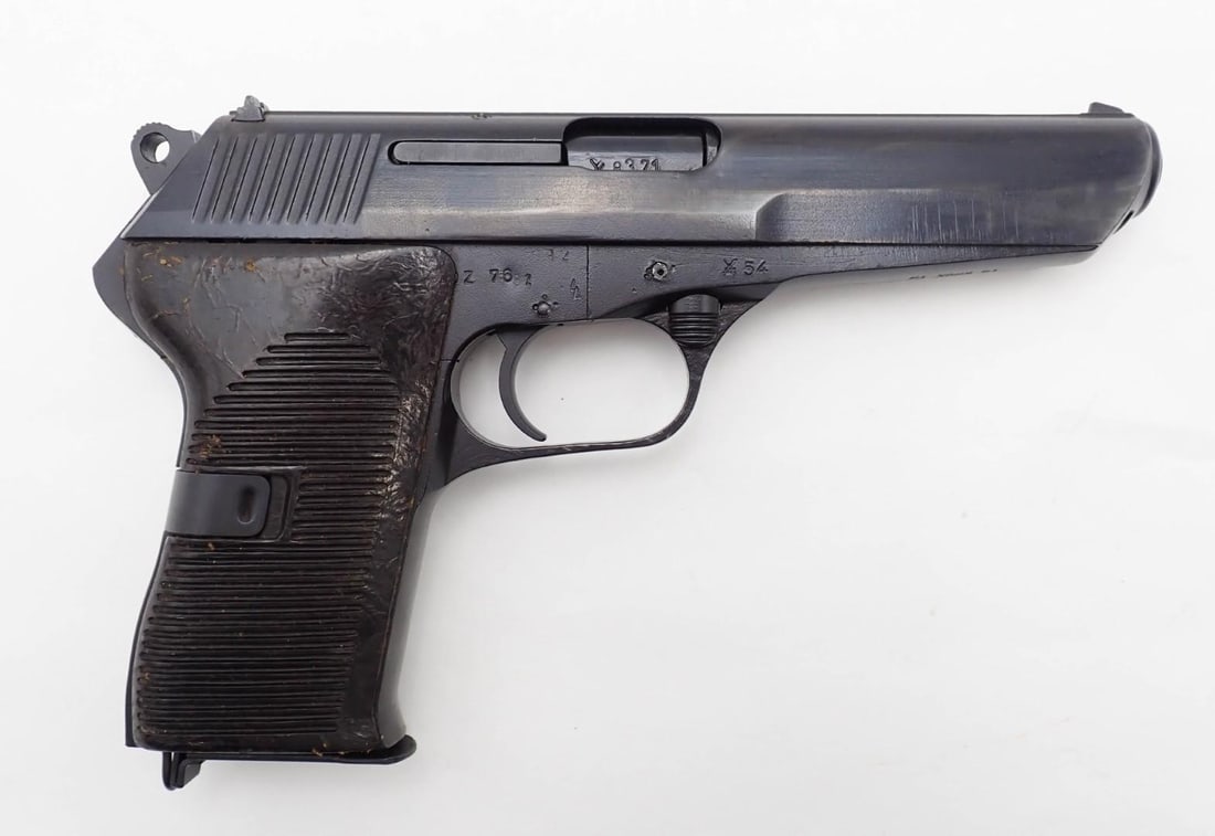 CZ 52 Pistol: SN: Y8371 Cal: 7.62x25 Action Type: Semi-Automatic Barrel Length: 4.5" Sights/Optics: fixed Stock: synthetic Finish: blue Bore: very good Overall Cond: very good Mechanical: very good Box/Papers/Acc: