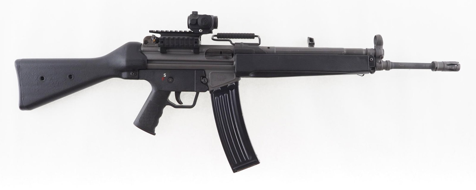 Century Arms C93 Sporter Rifle: SN: C9312815 Cal: 5.56 Action Type: Semi-Automatic Barrel Length: 16" Sights/Optics: HK style & Barska red dot Stock: synthetic Finish: parkerized Bore: very good / exce